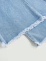 SHEIN Tween Girls' Loose Elastic Waist Butterfly Knot Design Blue Denim Straight Pants