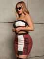 SHEIN SXY Ladies' Color Block Strapless Crop Top And Short Skirt Set