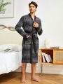 Men's Full Print Long Sleeve Bathrobe With Double Pockets For Home