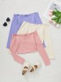 SHEIN Kids EVRYDAY Tween Girls' Knitted Solid Color Off Shoulder Short T-shirt 3pcs/set