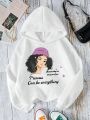 Teenage Girls' Hooded Casual Sweatshirt With Text And Cartoon Pattern