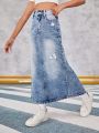 SHEIN Girls' (Big) Washed & Ripped Casual Fashion Denim Skirt