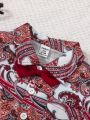 Baby Boy Classic Paisley Pattern Printed Short Sleeve Shirt With Bowtie And Shorts Set, Spring/Summer Fashion