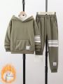 Boys' Fashionable Streetwear Hooded Sweatshirt With Printed Patch Pockets And Cargo Pants