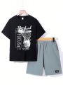 SHEIN Kids SPRTY Tween Boys' Loose Fit Sporty Round Neck Pattern Print Short Sleeve T-Shirt And Shorts 2pcs/Set