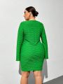SHEIN Essnce Plus Size Women's New Spring And Summer Fashionable Green Bell-Sleeved Long-Sleeved Dress