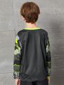 SHEIN Boys' Casual Sports Hoodie With V-Neck And Printed Pattern, Long Sleeve