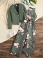 SHEIN Tween Girl Solid Color Lapel Collar Long Sleeve Coat And Floral Print Halter Wide Leg Jumpsuit 2pcs Casual Outfit
