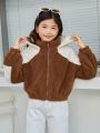 SHEIN Kids EVRYDAY Big Girls' Knitted Color Contrast Plush Shorts Stand Collar Zip-up Casual Jacket