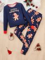 SHEIN Tween Girl Christmas Print Contrast Binding T-shirt & Pants PJ Set