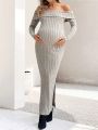 SHEIN Pregnant Women's One Shoulder Ribbed Stripe Long Sleeve Bodycon Dress