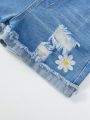 Young Girl Sweet And Cute Flower Embroidery Ripped Denim Overall Shorts