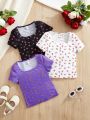 SHEIN Kids FANZEY Young Girl Set Of 3 Short Sleeve Knit Ribbed T-Shirts With Crewneck And Floral Print