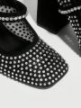 Cuccoo Party Collection Women Rhinestone Decor Square Toe Chunky Heeled Mary Jane Pumps, Glamorous Outdoor Pumps