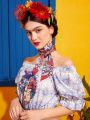 Frida Kahlo X SHEIN 1pc Women Floral Pattern Fashionable Twilly Scarf For Daily Decoration