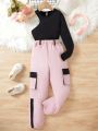 Tween Girls Solid Color Asymmetric Collar T-Shirt And Contrast Color Jogger Pants