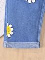 Baby Girls' Cute Flower & Smiling Face Printed Jeans For Daily Wear