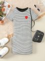 SHEIN Kids EVRYDAY Toddler Girls' Casual Comfortable Striped Ribbed Knit Sweater Dress With Heart Embroidery