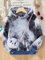 Tween Girls' Tie-Dye Plush Hoodie With Embroidered Doll Shaped Bag