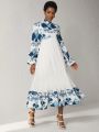 VIZLOOKS Printed Pleated Long Sleeve Maxi Dress