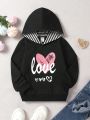SHEIN Kids QTFun Little Girls' Cute Heart & Letter Print Long Sleeve Hoodie, Suitable For Spring And Autumn Festival Parties As A Versatile Top