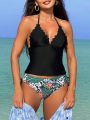SHEIN Swim Classy Ladies' Solid Color Halter Top & Tropical Print Triangle Bikini Set