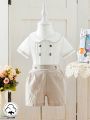 2pcs/Set Baby Boys' Elegant Doll Collar Short Sleeve Shirt And Shorts Vintage Gentleman Outfit Suitable For Going Out