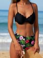 SHEIN Swim Vcay Women'S Two-Piece Bikini Set With Steel Ring And Tropical Plant Print