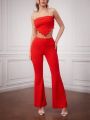 Forever 21 Casual Red Texture Strapless Knit Flared Pants Suit For Women