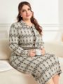 SHEIN Mulvari Plus Size Geometric Knitted Sweater Dress With Buttoned Half Placket