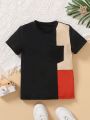 SHEIN Kids EVRYDAY Boys' Color Block Round Neck T-shirt, Casual, Cute, Sports, Fashion, Street Style, Spring/summer