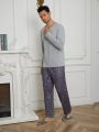 Men Solid Tee & Plaid Print Pants PJ Set
