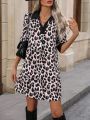 SHEIN LUNE Women's Leopard Printed Turn-down Collar Dress