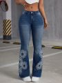 SHEIN ICON Women'S Floral Embroidery Flare Jeans