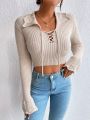 SHEIN Essnce Lace Up Front Ribbed Knit Crop Sweater