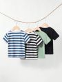 SHEIN Kids Academe 4pcs/Set Young Boys' Striped Knitted Short Sleeve T-Shirt, With Crew Neck