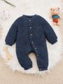 SHEIN Newborn Baby Boy Solid Button Front Teddy Jumpsuit