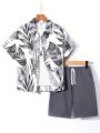 SHEIN Kids SUNSHNE Tween Boys' Leisurely Vacational Style Two Piece Short-Sleeve Woven Shirt And Solid Color Shorts Set With Printed Leaf & Plant Pattern