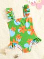 Baby Floral Print Ruffle Trim One Piece Swimsuit