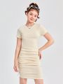 SHEIN Teen Girls' Slim Fit Knit Ribbed Ruched Dress With Round Neckline
