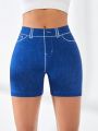 Yoga Trendy Denim-Like Printed Athletic Shorts