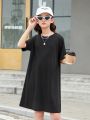 SHEIN Kids Cooltwn Tween Girls' Casual Knit Round Neck Short Sleeve Dress For Everyday Wear