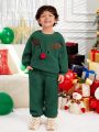 SHEIN Toddler Boys' Cute Fun Animal Embroidery Round Neck Plush Sweater With Pom-Pom Decoration, Top & Pants & Deer Antlers Shaped Hat Outfits