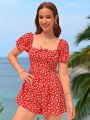 SHEIN Teenage Girl's Floral Printed Romper With Puff Sleeve For Summer Vacation