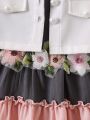 SHEIN Kids QTFun Little Girls' Long Sleeve Jacket And Sleeveless Dress Set With 3d Flowers Decoration