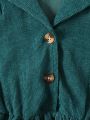 Teen Girl Solid Color Button Belt Suit Collar Open Placket Belt Waist Long Sleeve Dress