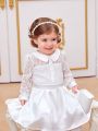 SHEIN Baby Girls' Elegant Lace Spliced Satin Long Sleeve Peter Pan Collar Dress Party Outfit