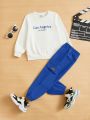 SHEIN Kids EVRYDAY Boys' Casual Street Fashion Letter Print Sweatshirt And Overalls Two-Piece Set