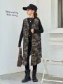 SHEIN Kids EVRYDAY Tween Girls' Camouflage Knitted Loose Fit Open Front Sleeveless Cardigan