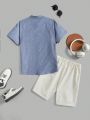 SHEIN Kids Academe Boys' Casual Comfortable Button Down Shirt And Elastic Waist Shorts Set, Summer